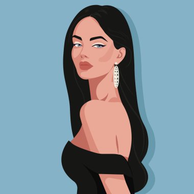 Çıplak omuzlu, zarif, siyah elbiseli, güzel, esmer bir kadın. Vektör, düz moda çizimi.