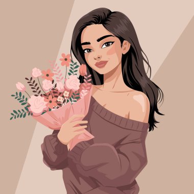 Beautiful young woman in a comfortable sweater with a bouquet of flowers. Vector, flat illustration. clipart