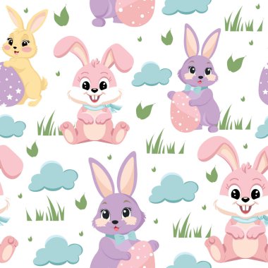 Vector seamless pattern with cute Easter bunnies in soft shades. Ideal for decoration and design of children's products. clipart