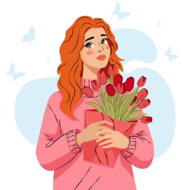 Kızıl saçlı, parlak pembe kazaklı bir kadın elinde bir buket kırmızı lale tutuyor. Etrafında kelebekler uçuşuyor ve bahar havası yaratıyor..