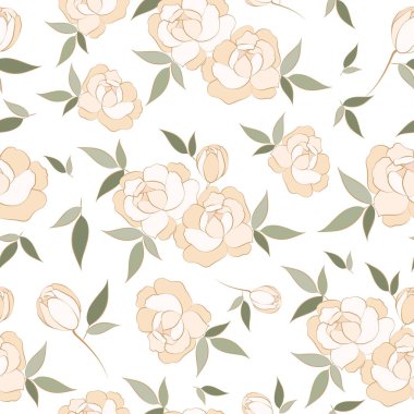 Kusursuz çiçek desenleri, zarif şakayıklar ve beyaz arka planda yeşil yapraklar. Kumaş, duvar kağıdı, ambalaj ve düğün dekorasyonu için zarif el yapımı vektör tasarımı.