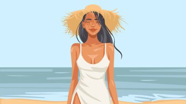 Tropik bir plajda, hasır şapka ve beyaz elbise giyen güzel bir kadının temsilci çizimi. Güneşli yüz, gevşemiş ifade ve ılık yaz tonları bir tatil ve seyahat estetiği yaratır..