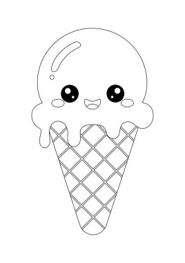 Çocuklar için tatlı kawaii dondurma boyama sayfası. Gülen dondurma külahının sevimli vektör taslağı eğlence ve yaratıcı aktiviteler için mükemmel. Siyah ve beyaz, elle çizilmiş ve rengi kolay.