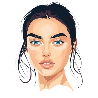 Mavi gözlü, koyu saçlı ve dolgun dudaklı güzel bir kadının vektör çizimi. Modern, yarı gerçekçi, pürüzsüz gölgelemeli ve detaylı yüz hatları olan bir portre. Moda için mükemmel, güzellik..