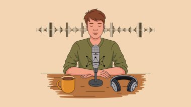 Bir erkek podcaster 'ın stüdyoda kaydettiği düz vektör çizimi. Podcast mikrofon, kulaklık, sehpadaki kahve fincanı. Arka planda ses dalgası.