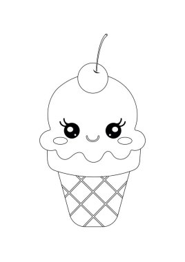 Çocuklar için tatlı kawaii vişneli dondurma boyama sayfası. Gülen dondurma külahının sevimli vektör taslağı eğlence ve yaratıcı aktiviteler için mükemmel. Siyah ve beyaz, el çizimi ve rengi kolay.