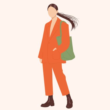 Yeşil çantalı, şık turuncu takım elbiseli modern bir kadının minimalist moda çizimi. Estetik ve şık tasarım, moda endüstrisinde editör, baskı ve dijital projeler için idealdir..