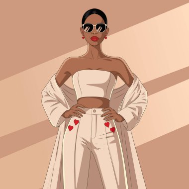 Minimalist moda tasviri, kendine güvenen, şık bej elbiseli, kalp detaylı yüksek bel pantolonlu bir kadın. Estetik ve modern, moda ve markalaşma projeleri için mükemmel..