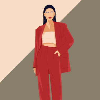 Büyük kırmızı takım elbiseli, modası geçmiş, yüzü olmayan bir kadın. Markalaşma, posterler, dergiler ve dijital içerik için minimalist vektör çizimi mükemmel.