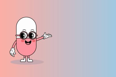 Gözlüklü ve pembe arka planda gülümseyen vektör kapsül karakteri. Komik bir hap bir şeye eliyle işaret eder, mesaj için boşluk. Tıbbi posterler, afişler ya da çocuk tasarımları için mükemmel..