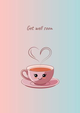 Kawaii usulü bir fincan sıcak çay ile çabucak iyileş. Sağlık tavsiyeleri, iyileşme kartları, sağlık blogları veya mevsimsel soğuk algınlığı ve grip içeriği için ideal.