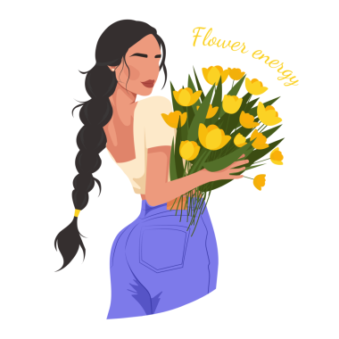 Sarı lale buketi tutan, uzun örgülü, çekici, genç bir kadının moda çıkartması..