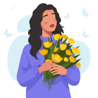 Sarı lale buketi tutan kadın. Tatil için düz vektör tasarımı, tebrik kartı, 8 Mart veya Anneler Günü konsepti. Yüksek kaliteli el yapımı vektör çizimi.