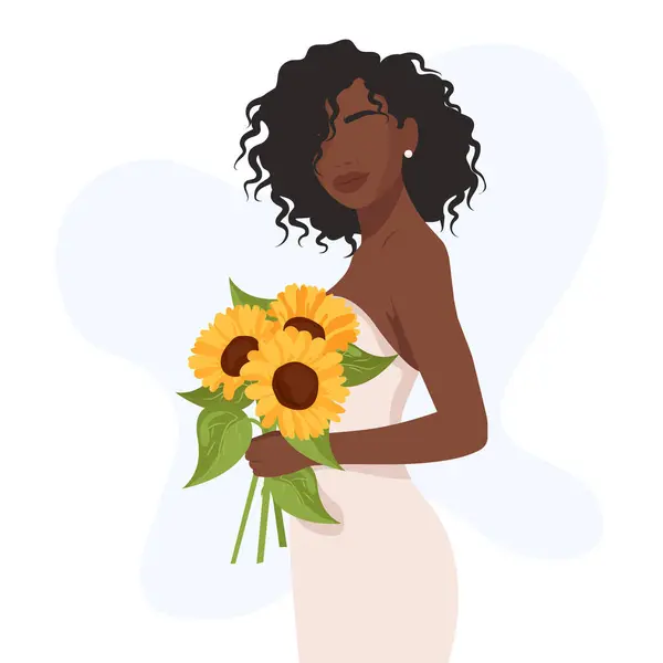 Yüzü olmayan, kıvırcık saçlı, elinde bir buket çiçek tutan güzel bir siyahi kadının az sayıda tasviri. Modern tasarımlar, baskılar, kartlar ve daha fazlası için mükemmel..