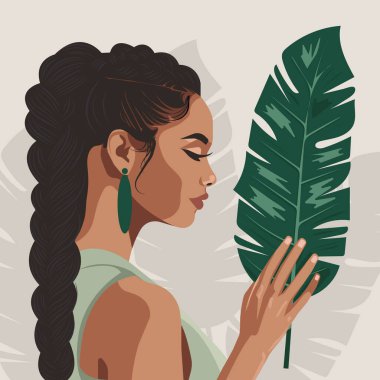 Saçları örülmüş ve tropikal yaprağı olan şık bir afro kadının modern vektör çizimi. Güzellik, doğa, kendine dikkat, kadınsı enerji. Markalaşma ve sağlık tasarımları için mükemmel..