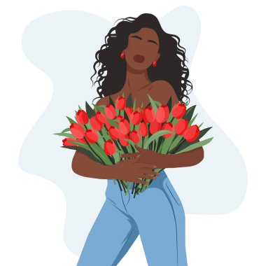 Güzel, yüzü olmayan kıvırcık saçlı, elinde büyük bir buket kırmızı lale tutan bir afro kadın. Tebrik kartları, posterler, sosyal medya için bahar çiçek vektör çizimi.