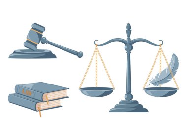 Kanun ve adalet sembolleri: tokmak, terazi, hukuk kitapları ve tüy. Hukuk hizmetleri, hukuk firmaları, eğitim, web siteleri ve bilgi grafikleri için mükemmel.