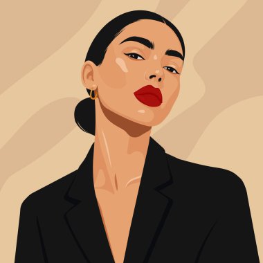 Minimum düz tarzda güzel bir kadının vektör moda portresi. Markalaşma, dergiler, kozmetik reklamlar ve editoryal tasarım için ideal.