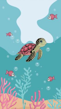 Şirin bir çizgi film karakteri, yükselen kabarcıklar ve renkli balıklarla okyanusta yüzüyor. Seyahat, eğitim veya çocukların memnuniyeti için sakin ve eğlenceli vektör animasyonu.