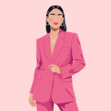 Boynunda ve kulaklarında pahalı mücevherler olan pembe, yüzü olmayan güzel bir kadın. Modern başarılı iş kadını. Vektör düz moda çizimi, moda projeleri için kadın avatarı.