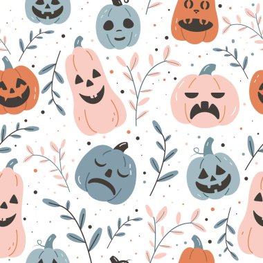 Tatlı balkabaklarıyla kusursuz vektör Cadılar Bayramı deseni ve yumuşak vintage renkli yapraklar. Paketleme, çocuk dekorasyonu, tekstil ve mevsimlik markalaşma için mükemmel..