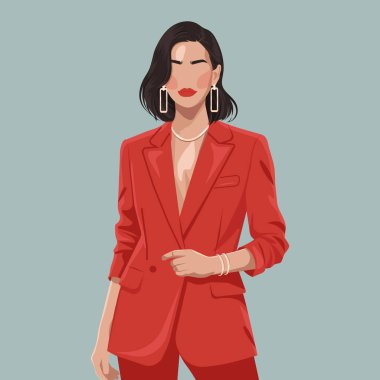 Minimum yüzsüz, kırmızı elbiseli, mücevherli moda kadını. Markalaşma, sosyal medya, çıkartmalar, davetiyeler, moda içeriği, bloglar, posterler ve dijital tasarım için mükemmel.