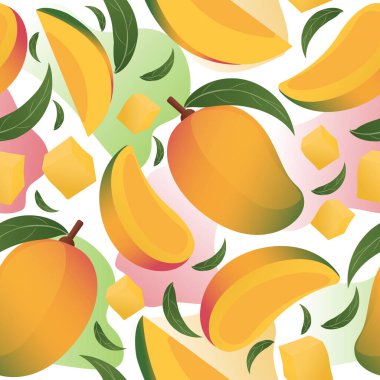 Tüm mango ve meyve küpleri ile kusursuz vektör deseni ve bir dilim kesilmiş, yeşil yapraklar ve yumuşak gradyanlar, ambalaj, tekstil, ambalaj, duvar kağıdı için modern meyve tasarımı.