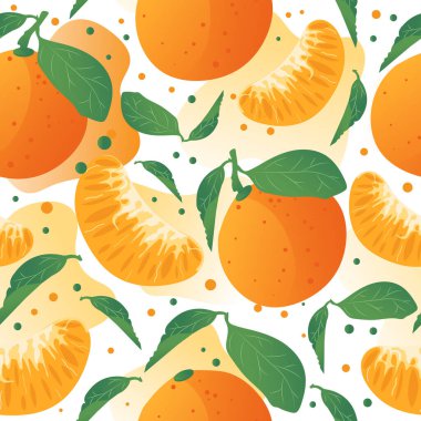 Parlak, sulu mandalinalar ve yeşil yapraklarla kusursuz bir vektör deseni. Modern düz stil, yumuşak eğimler ve ambalaj, tekstil ve mevsimlik markalaşma için taze ve neşeli bir tasarım..