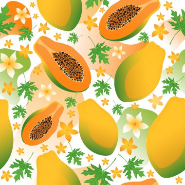 Parlak, sulu papaya meyveleri ve yeşil yapraklı kusursuz bir vektör deseni. Modern düz stil, yumuşak eğimler ve ambalaj, tekstil ve mevsimlik markalaşma için taze ve neşeli bir tasarım..