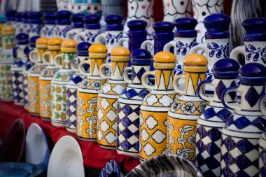 Beautiful colorful Asian decorated white-blue art ceramic handmade pottery jars vessels cups mugs