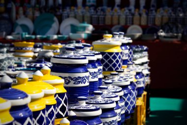 Beautiful colorful Asian decorated white-blue art ceramic handmade pottery jars vessels cups mugs