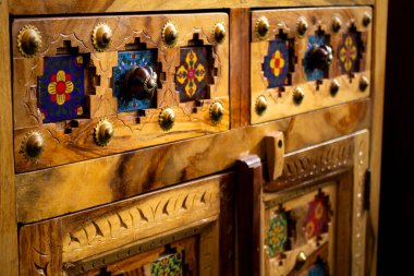 Colorful beautiful decorated classic asian indian golden pattern handmade crafted wooden furniture