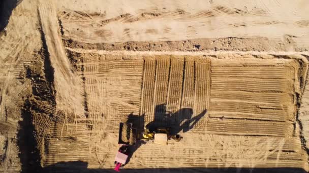 Construction Industrial Machinery Excavator Tractor Sand Pit Aerial Drone View — Wideo stockowe