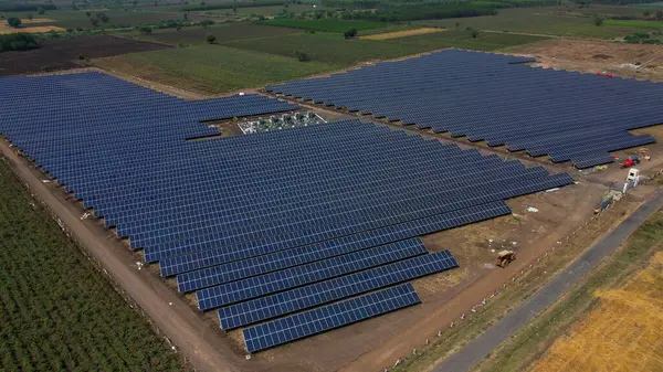 stock image Solar panel plant renewable power electricity green energy sustainable aerial drone view 4k video