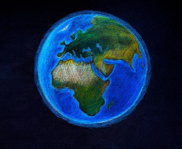 Planète Terre Sur Fond Noir Illustration Crayons Couleur Eurasie Afrique — Photo