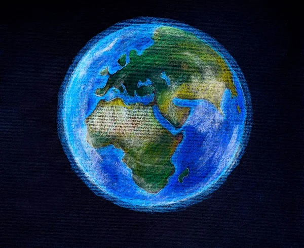 The Planet Earth on black background colored pencils illustration. Eurasia and Africa