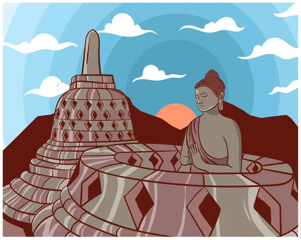 Destinazione Borobudur Illustrazione Disegnata Mano — Vettoriale Stock
