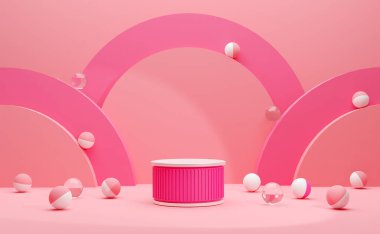 Podium Product display with Pink balls Aesthetic Space Realistic 3d illustration