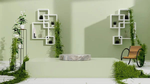 Geomatric Podium with wall and plant decoration  space product display Aesthetic Realistic 3d Illustration