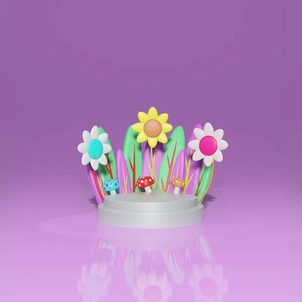 Podium Product display with Plant Flower Cartoon Aesthetic Space Realistic 3d illustration