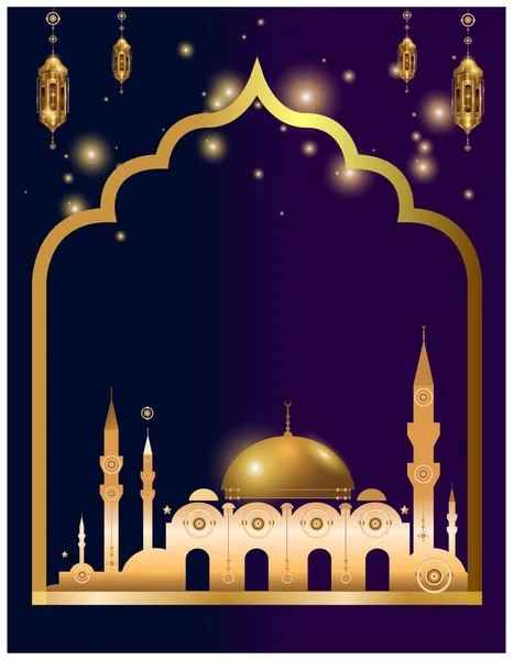 Islamic abstract background with gold moon and crescent lanterns