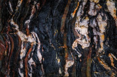 Kayalardaki su erozyonu, dokular ve desenler Asturian plajlarındaki taşlarda oluşmuş. Kuzey İspanya, Asturias 'taki Campiecho plajı..