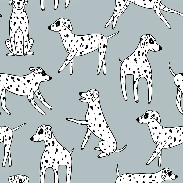Childish seamless pattern with cute dalmatian in Scandinavian style. Vector illustration. It can be used for nursery, apparel, wallpaper, textile, and print.