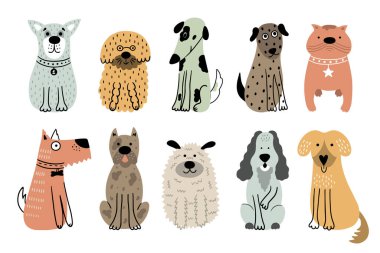 Şirin köpek koleksiyonu. Beyaz arka planda izole edilmiş 10 evcil hayvan. Renkli köpeklerle el çizimi vektör çizimi.