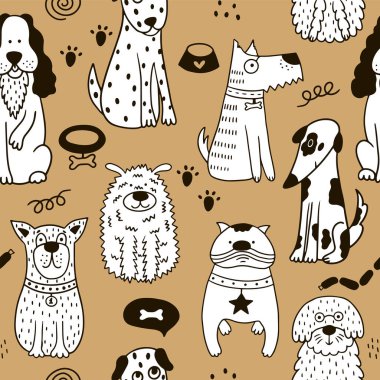 Şirin köpeklerle çocuk odası desenleri. Pençeli karalama hayvanları, konuşma balonu, tasma. Duvar kağıdı, giysi, kağıt için kullanılabilir.. 