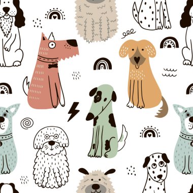 Şirin köpeklerle çocuk odası desenleri. Beyaz arka planda evcil hayvanlar. Duvar kağıdı, giysi, kağıt için kullanılabilir.. 