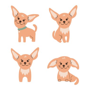 Farklı pozlarda şirin chihuahua köpekleri. 4 yavrusu olan vektör çizimi. Çıkartma, çıkartma, poster, tişört başvurusu, logo, evcil hayvan dükkanı için kullanılabilir.. 