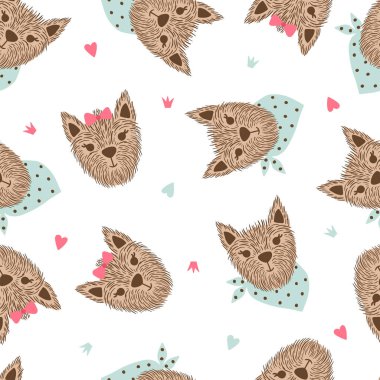 Şirin Yorkshire teriyeri yüzleri. Beyaz arka planda izole edilmiş komik köpekli vektör çizimi. Giysi, duvar kağıdı, kumaş ve tekstil için kullanılabilir.. 