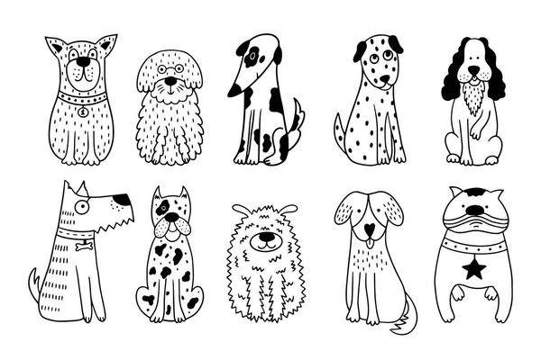 かわいい犬のコレクション 白い背景に隔離された10匹のペットのセット 黒と白の犬と手描きベクトルイラスト — ストックベクタ
