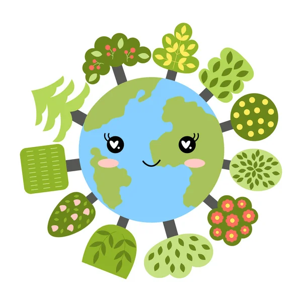 Earth Day Cute Earth Kawaii Eyes Trees International Mother Earth — Stock Vector